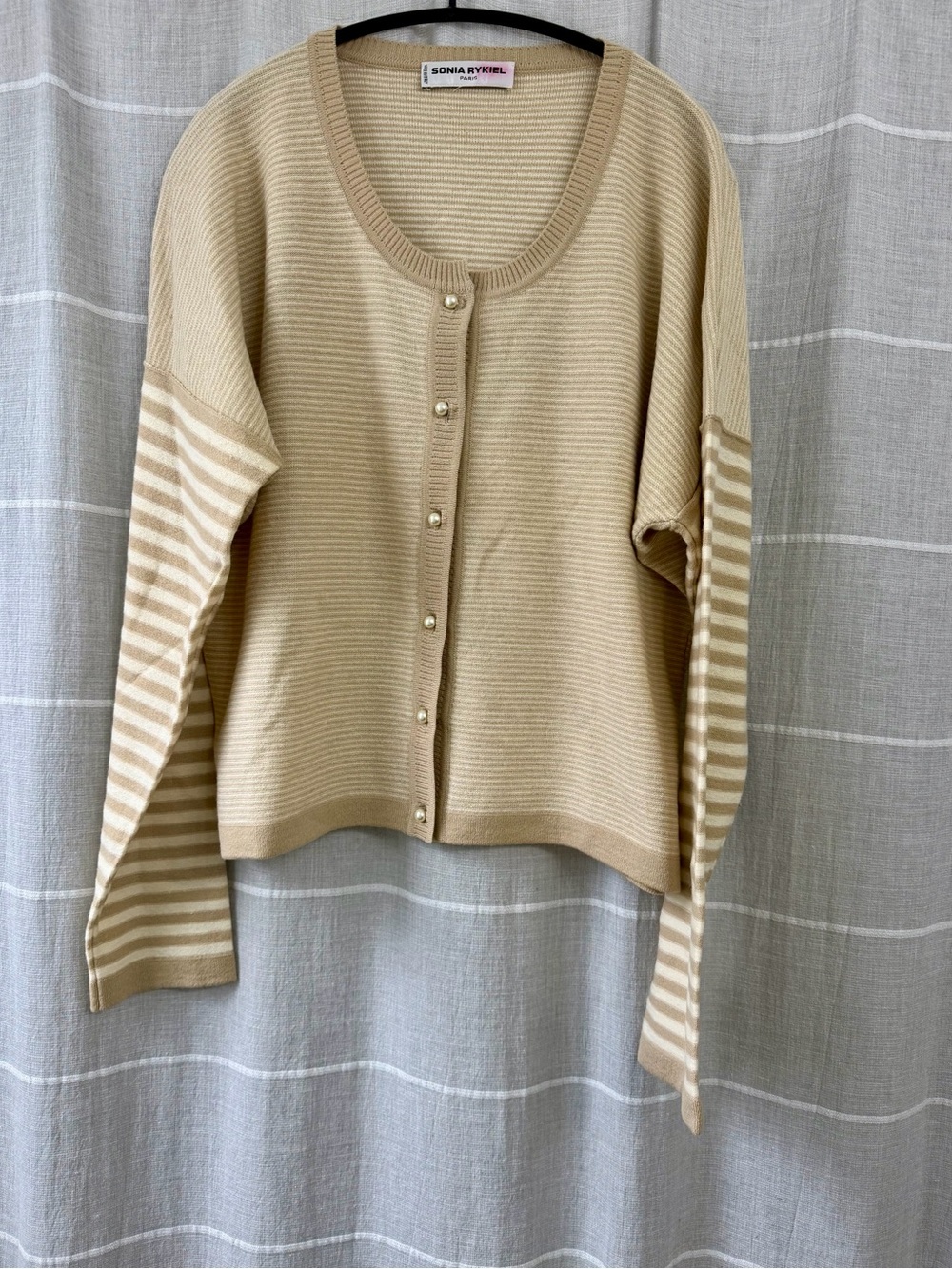 Sonia Rykiel Beige and Cream Striped Sleeve Button-Front Cardigan